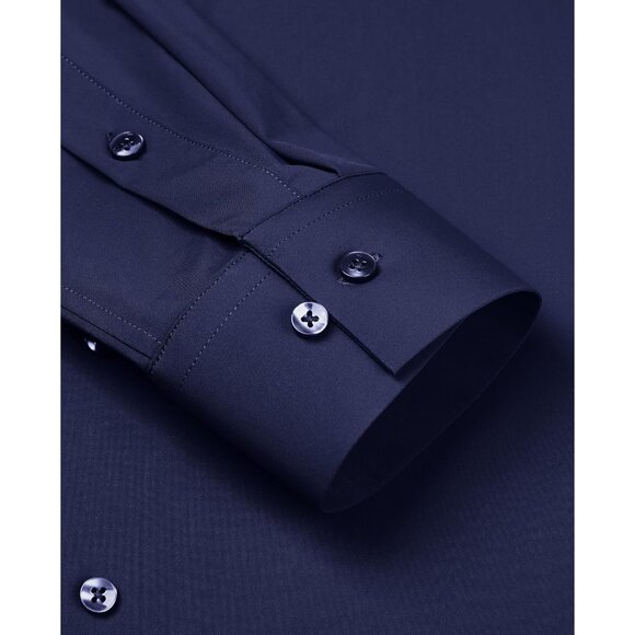 Men Navy Long Sleeve Slim Muscle Fit Wrinkle Free Button Down Dress Shirts - Picture 3 of 9
